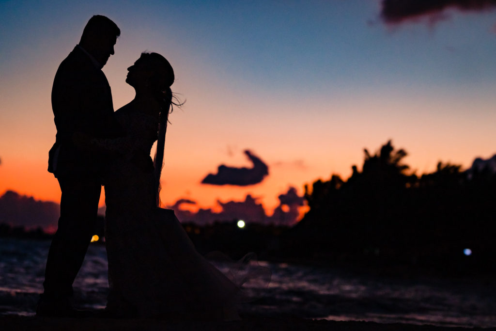 Beautiful sunset on Sandos Caracol Cenote Wedding Photos